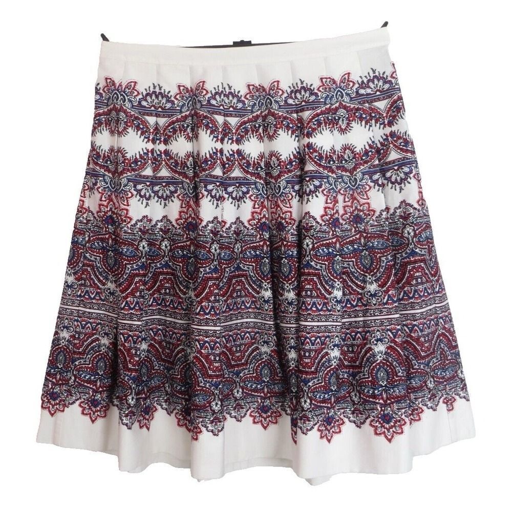 Talbots Skirt White Red Blue Design Flowy Pleated Knee Length Cotton Blend. 14P